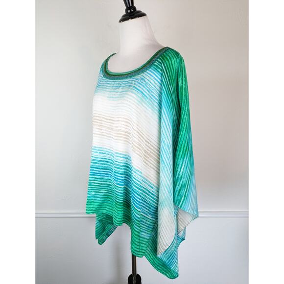 Chico's Poncho Top Beaded Green Ombre Striped Boho Vacation Summer Size S/M - Picture 5 of 15